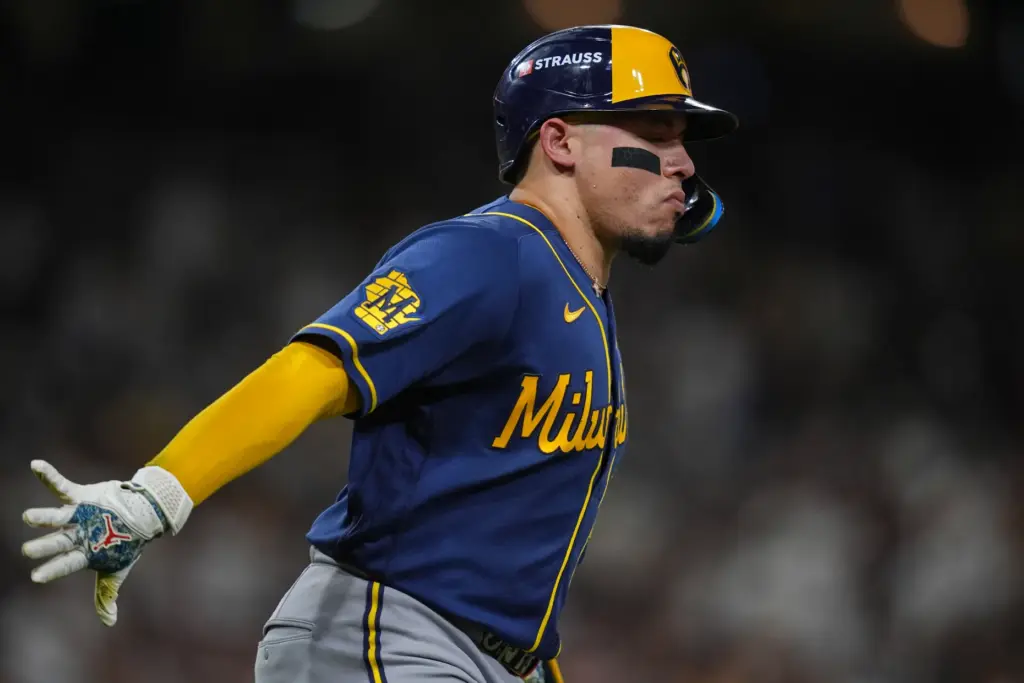 The Milwaukee Brewers’ William Contreras rounds the bases after hitting...