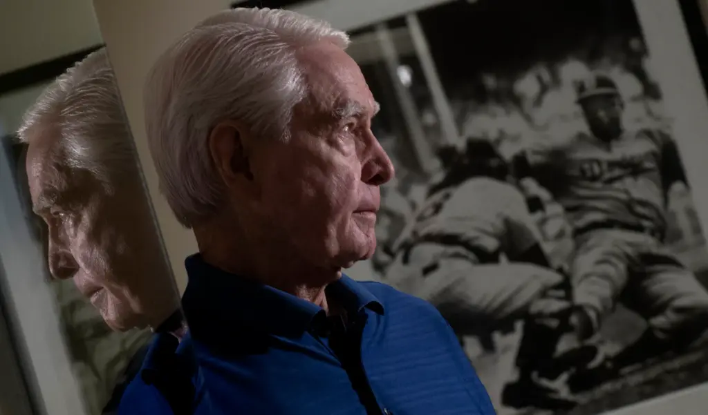 Fred Claire, 84, a former Dodgers executive vice president, stands...