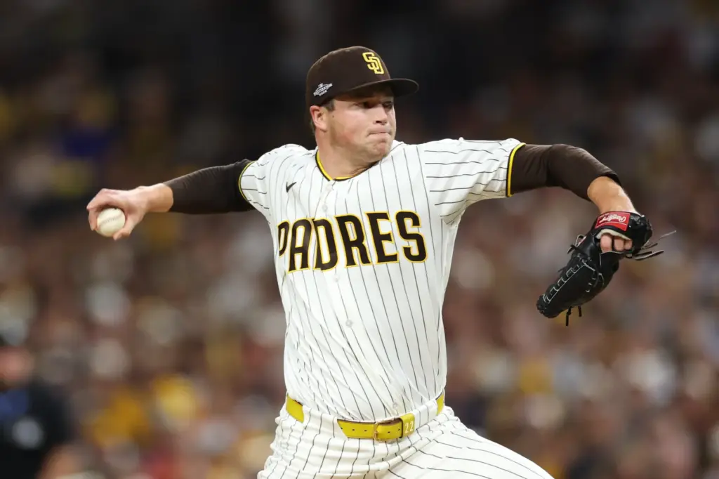San Diego Padres relief pitcher Mason Miller throws to the...