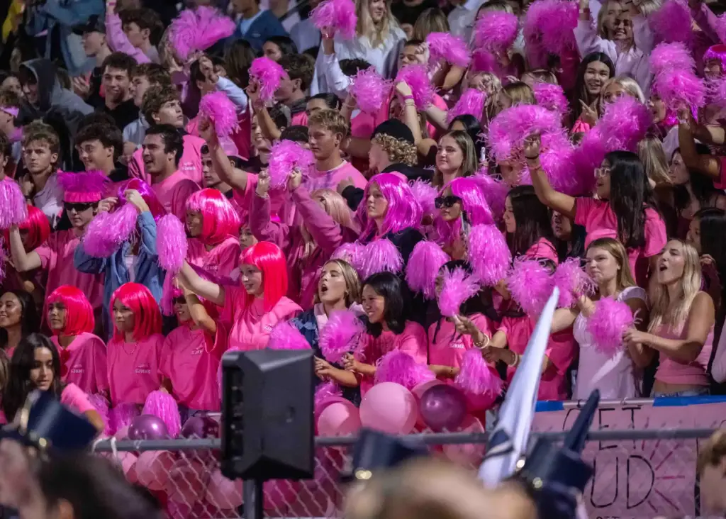San Juan Hills students cheer on the Stallions during the...