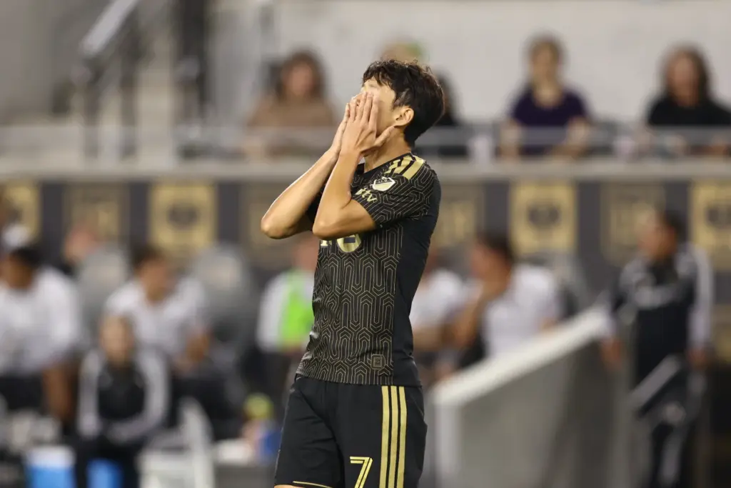 Los Angeles FC forward Son Heung-Min reacts after missing a...