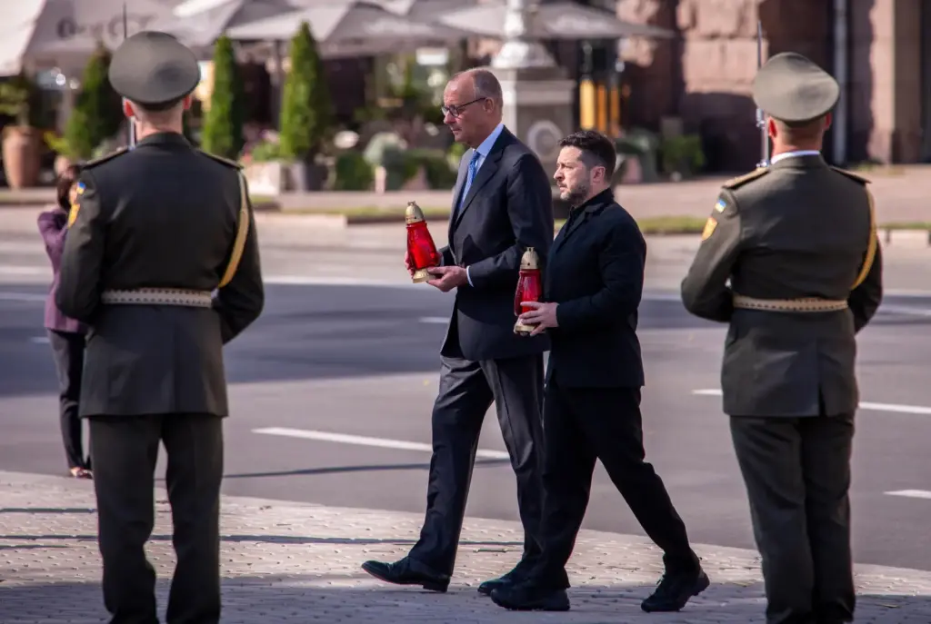 Ukraine’s President Volodymyr Zelenskyy and German Chancellor Friedrich Merz attend...