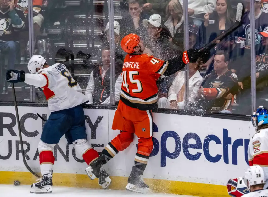 The Florida Panthersâ Radko Gudas (6), left, and the Ducksâ...