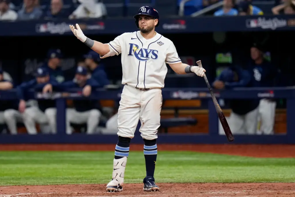 Tampa Bay Rays first baseman Jonathan Aranda looks towards the...