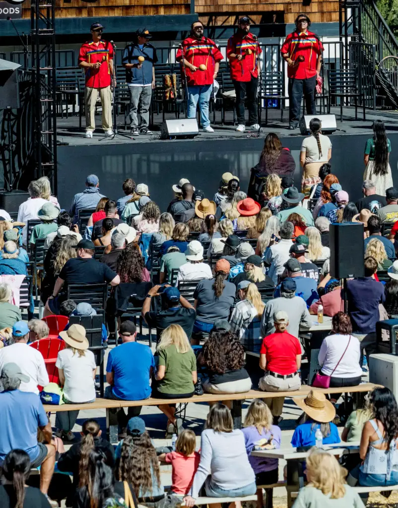 Yuhaaviatam of San Manuel Nation Bird Singers perform during the...