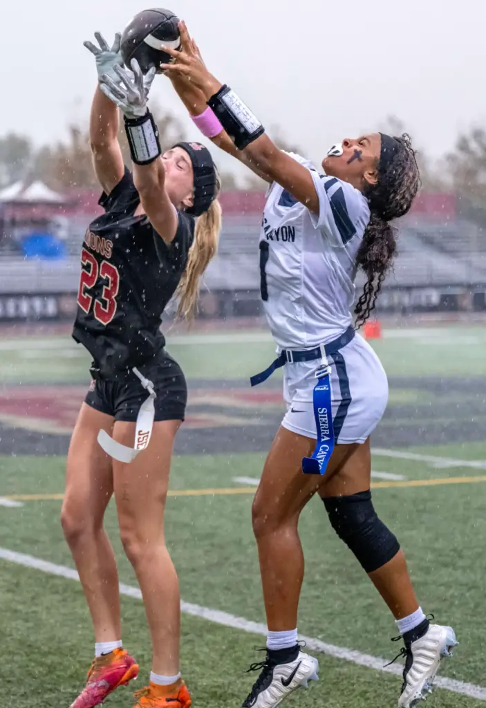 JSerra defensive back Stella Day (23) breaks up a pass...