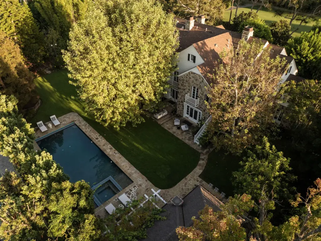 An aerial view of the Toluca Lake English country manor-inspired...