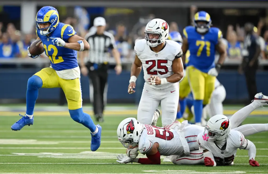 Rams wide receiver Puka Nacua (12) breaks free from Arizona...