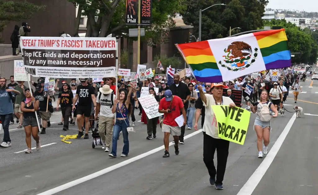 No Kings protesters rally and march in downtown Los Angeles...