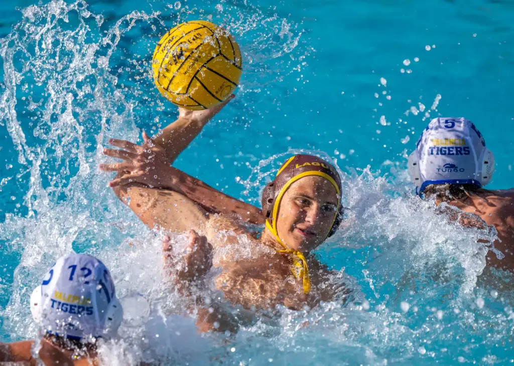 Laguna Hillsâ Will Barney shoots on goal, but is fouled...