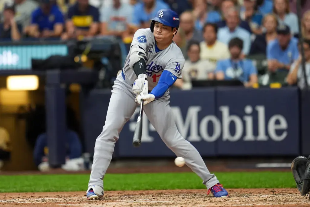 Dodgers star Shohei Ohtani strikes out during the sixth inning...