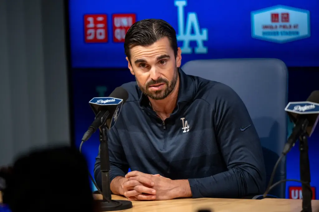 Dodgers general manager Brandon Gomes speaks to the media during...