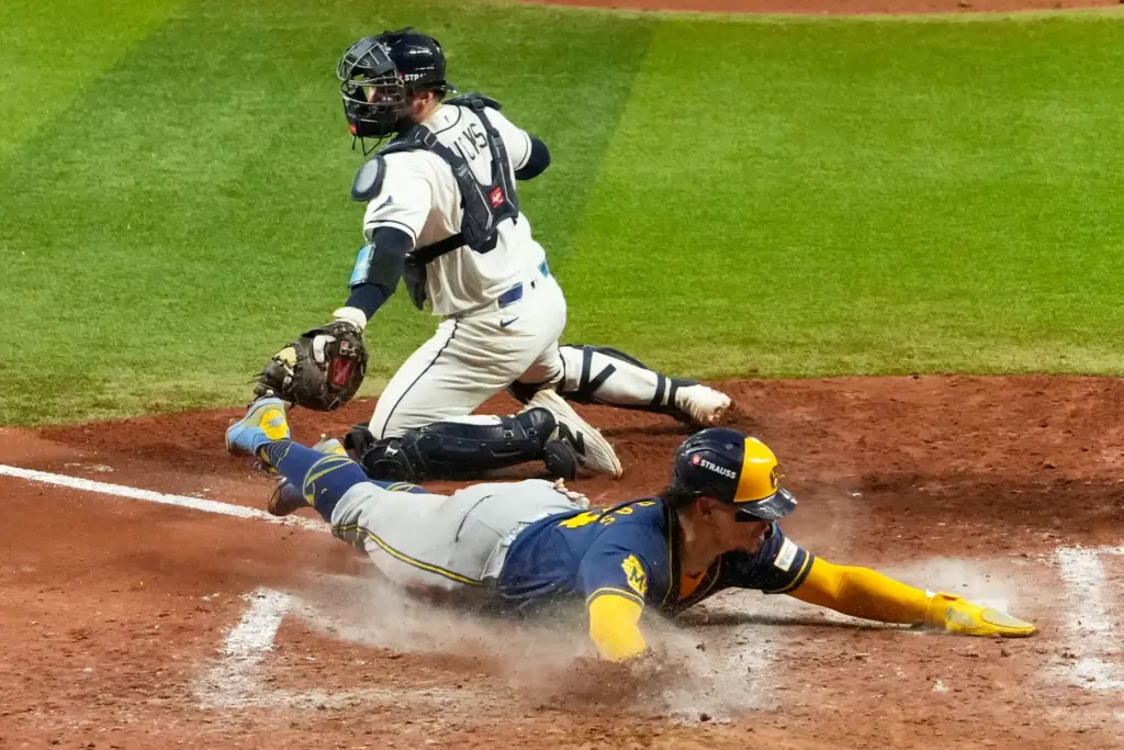 The Milwaukee Brewers’ William Contreras after scores past Tampa Bay...