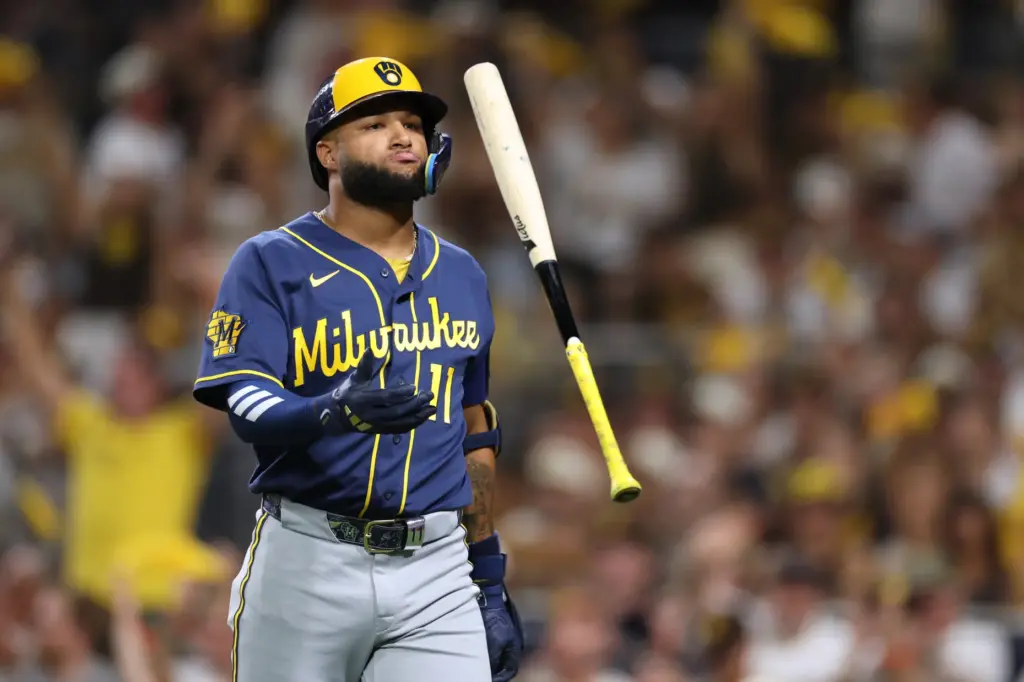 The Milwaukee Brewers’ Jackson Chourio reacts after striking out during...