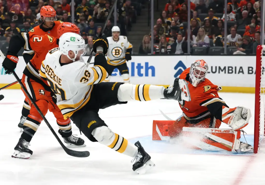 Ducks goaltender Lukas Dostal, right, makes the save on a...