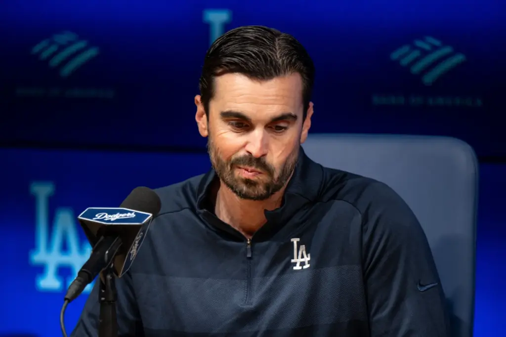 Dodgers general manager Brandon Gomes speaks to the media during...
