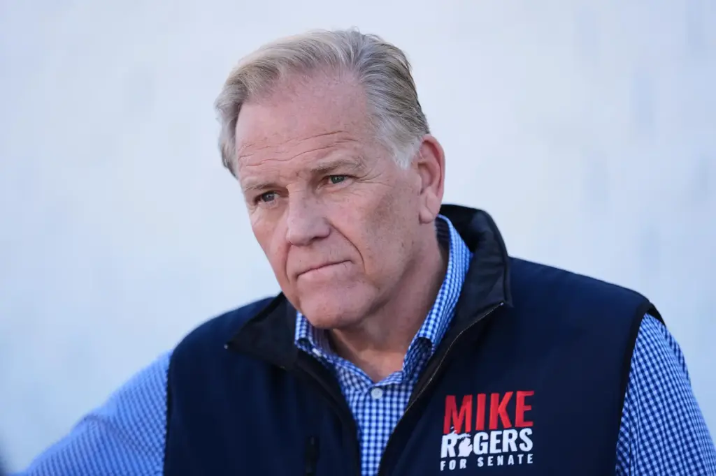 Republican nominee for U.S. Senate Mike Rogers appears during a...