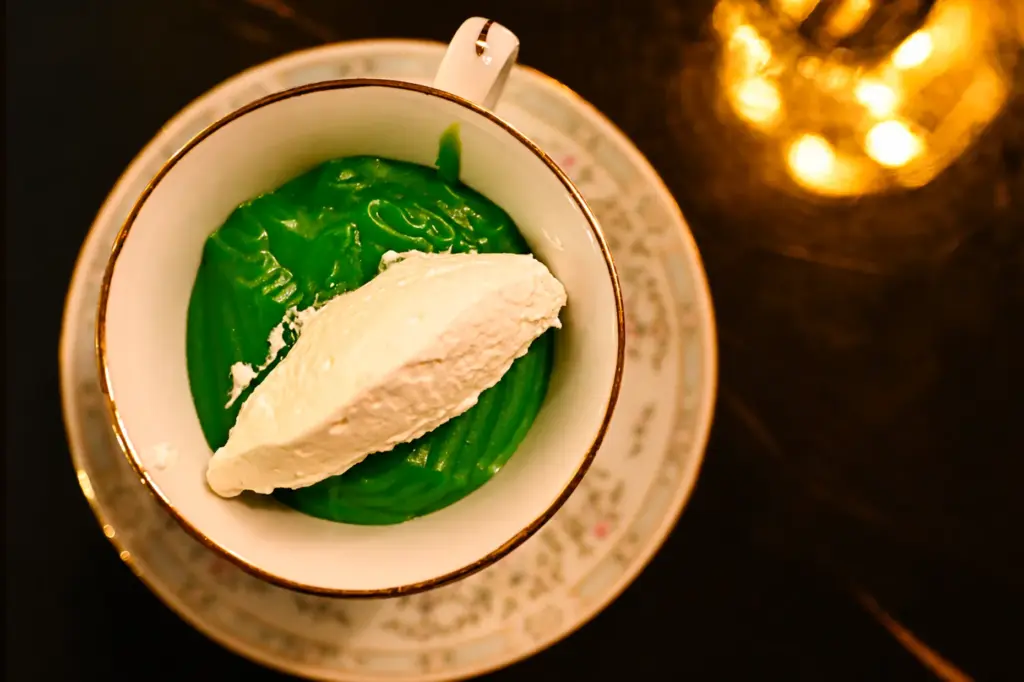 Pandan Butterscotch Pudding; whipped crÃ¨me fraÃ®che, and smoked maldon salt...