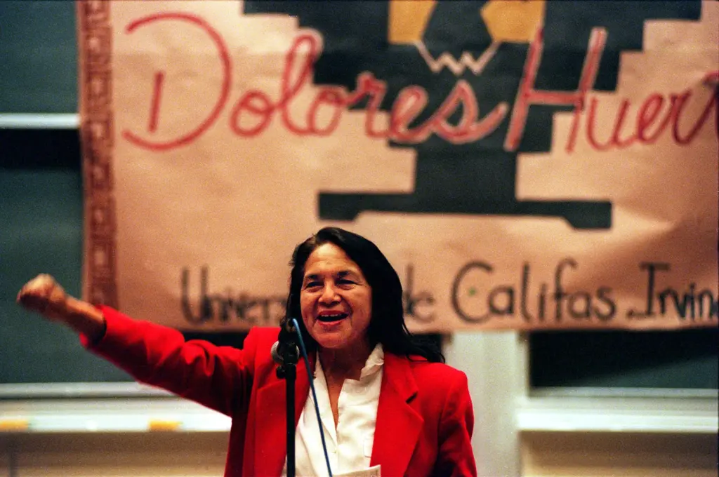 Dolores Huerta, co-founder of the United Farm Workers, greets students...