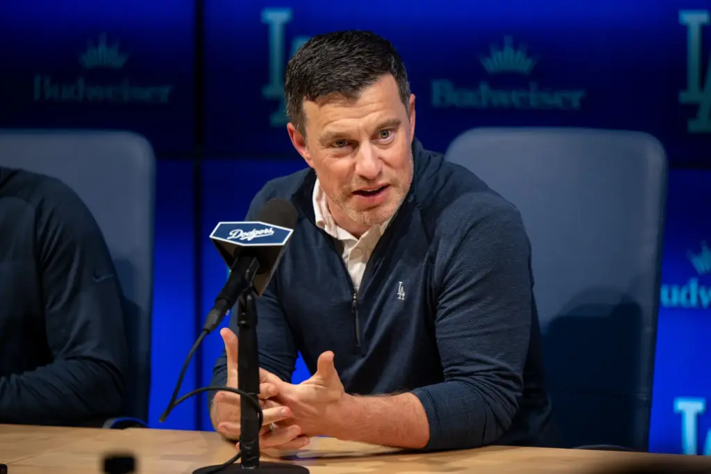 Dodgers president of baseball operations Andrew Friedman speaks to the...