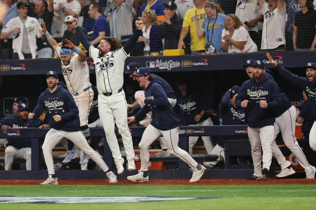 The Tampa Bay Rays celebrate after Ben Williamson (not pictured)...