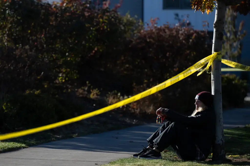 Kristen Vanetsky sits outside Silver Rail Elementary in Bend, Ore.,...