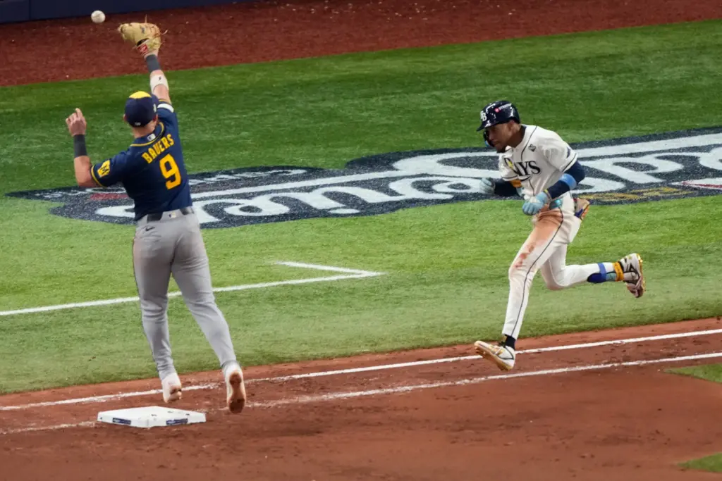 Tampa Bay Rays left fielder Chandler Simpson reaches base on...