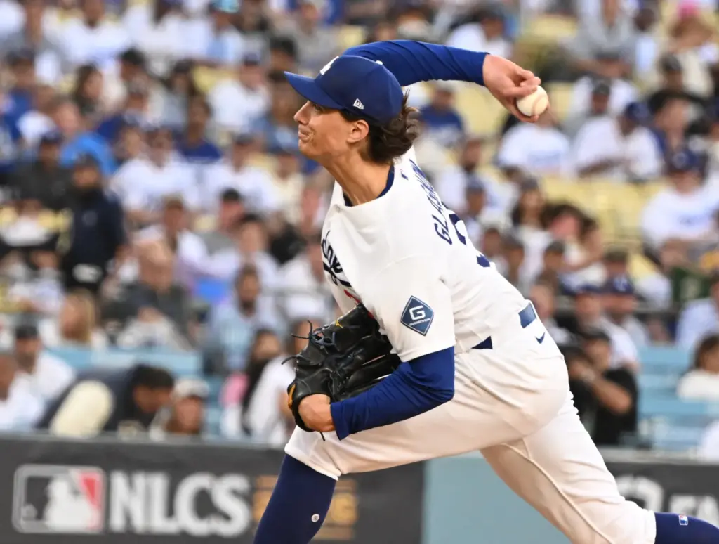 Dodgers starting pitcher Tyler Glasnow throws to the plate during...