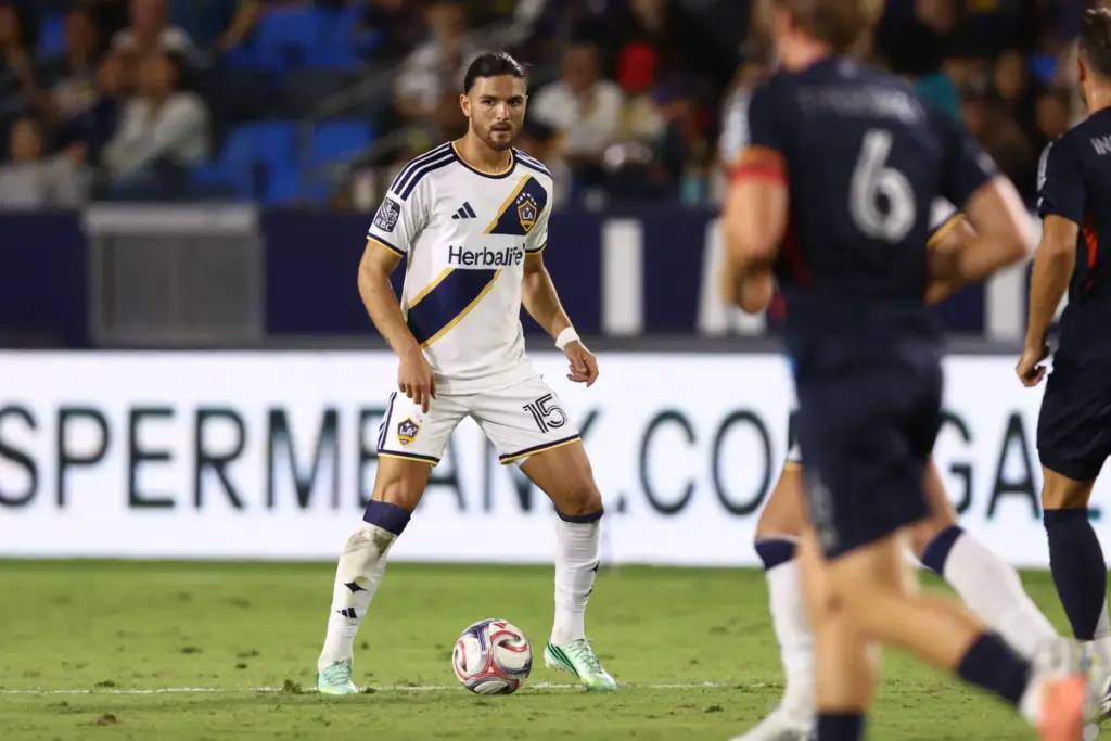 Los Angeles Galaxy midfielder Justin Haak (15) looks to pass...