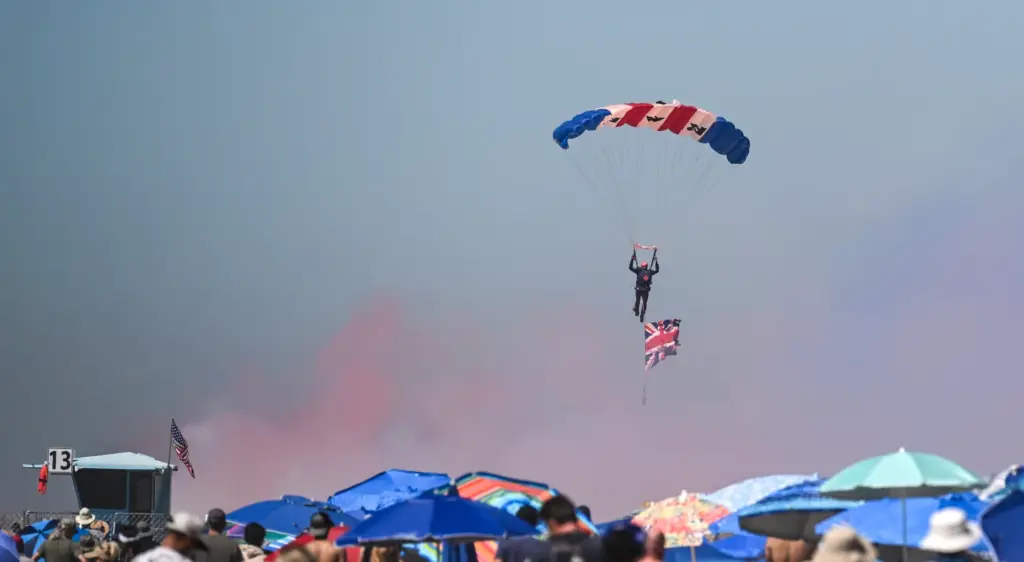 The Royal Air Force Falcons Parachute Team perform during the...