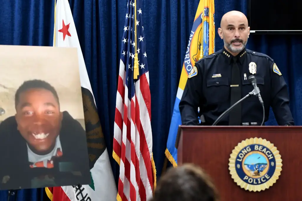 Long Beach Police Chief Wally Hebeish speaks during a press...