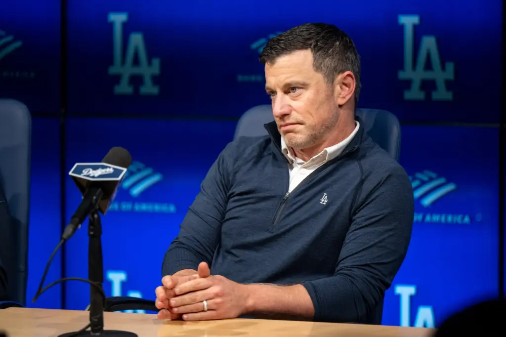 Dodgers president of baseball operations Andrew Friedman speaks to the...