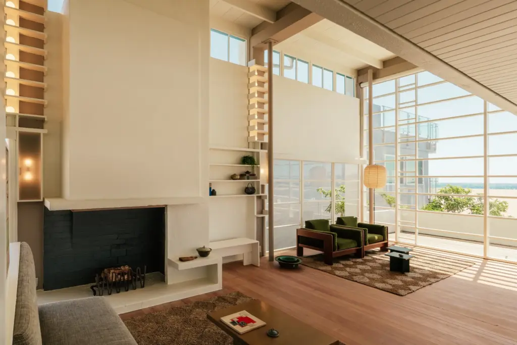 A fireplace anchors the living room. (Photo by Sterling Reed)
