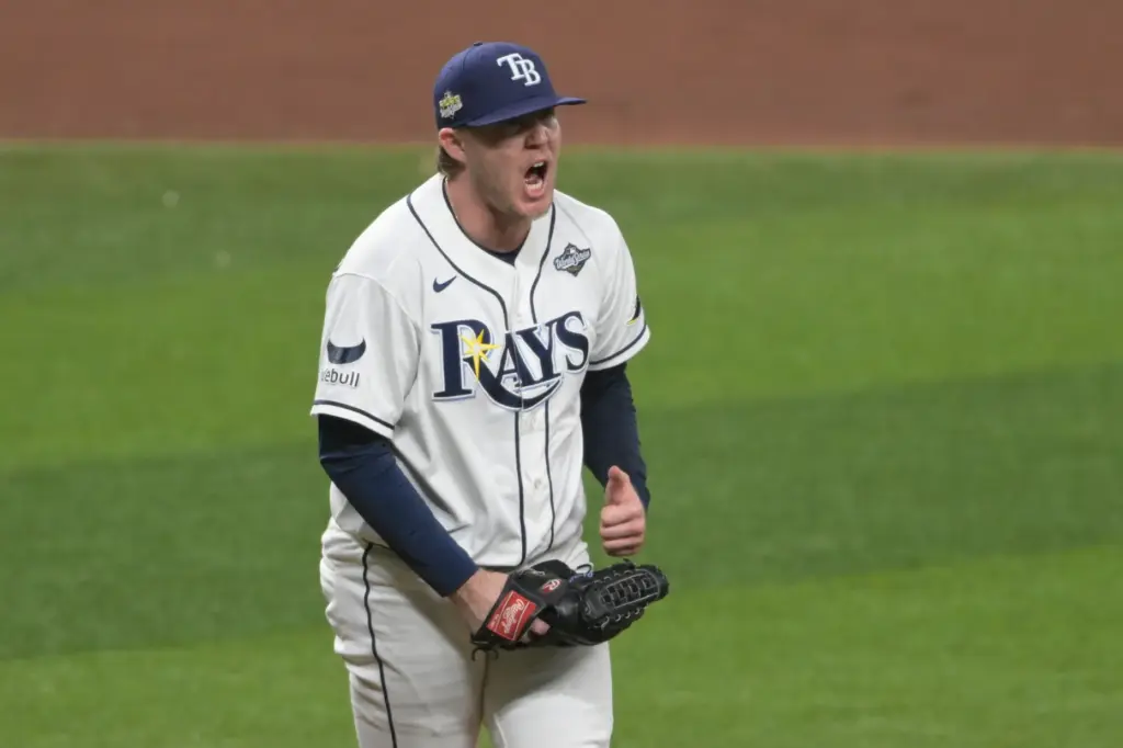 Tampa Bay Rays relief pitcher Garrett Cleavinger celebrates during the...