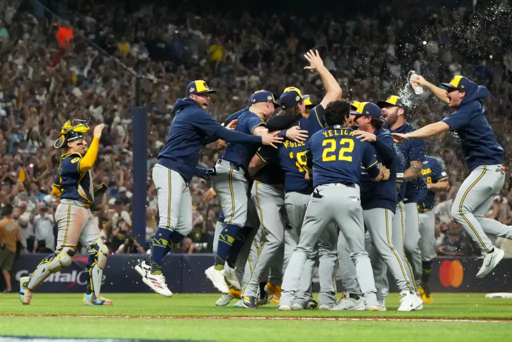 The Milwaukee Brewers celebrate after winning baseball’s World Series against...