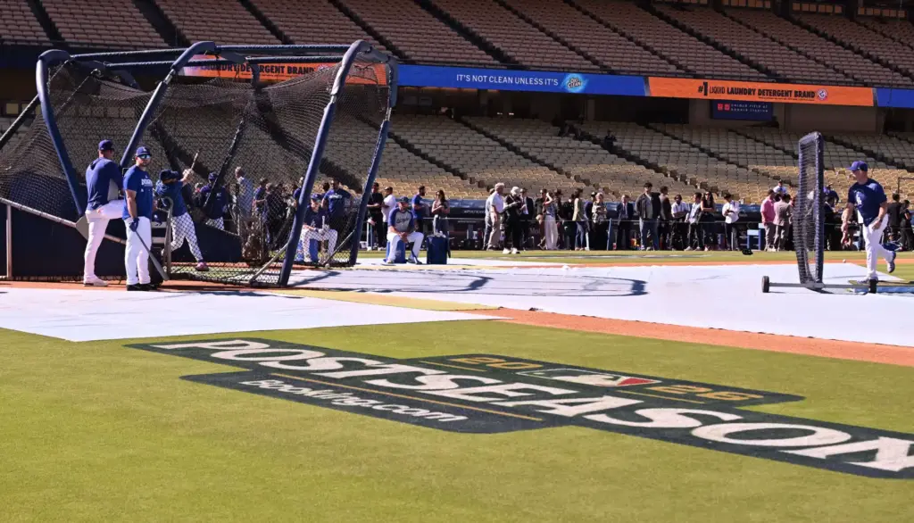Dodgers players take batting practice before Game 3 of the...