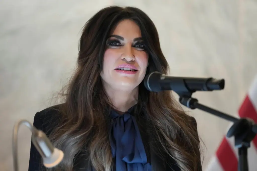 U.S. Ambassador to Greece Kimberly Guilfoyle speaks during a dedication ceremony.