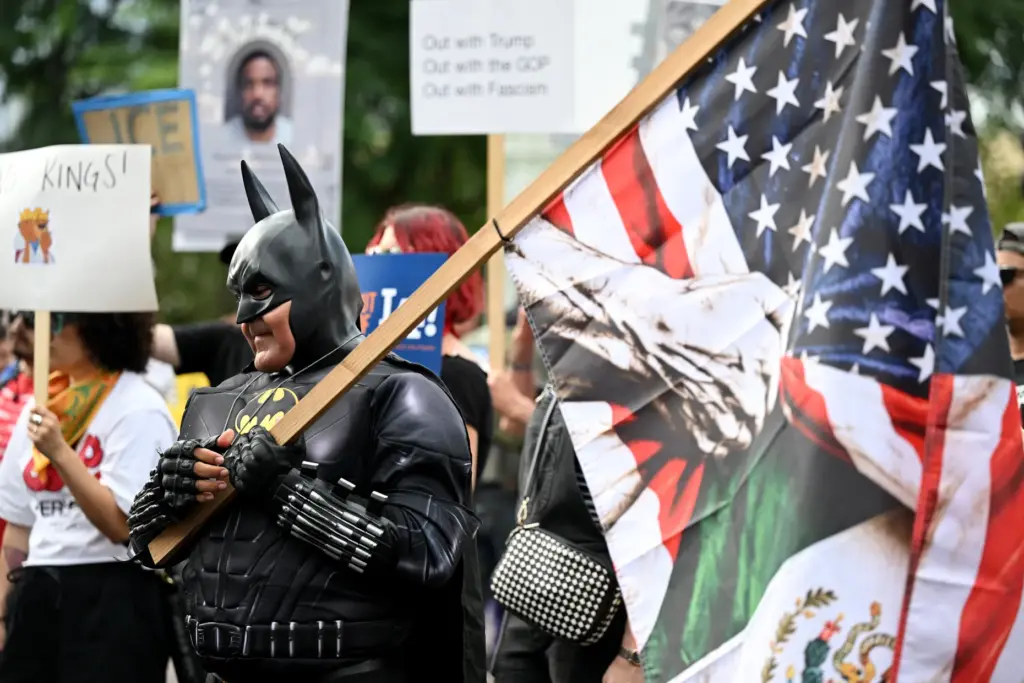 No Kings protesters rally and march in downtown Los Angeles...