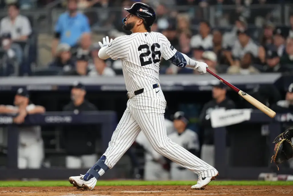 The New York Yankees’ Luis GarcÃ­a Jr. follows through on...