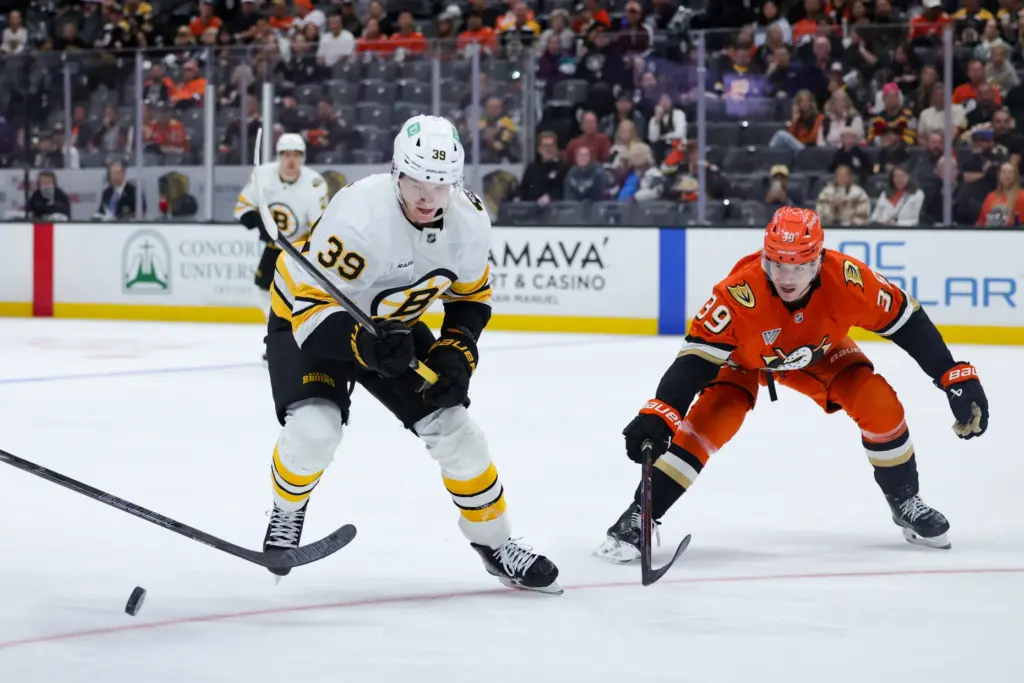 Boston Bruins center Morgan Geekie, left, and Ducks left wing...