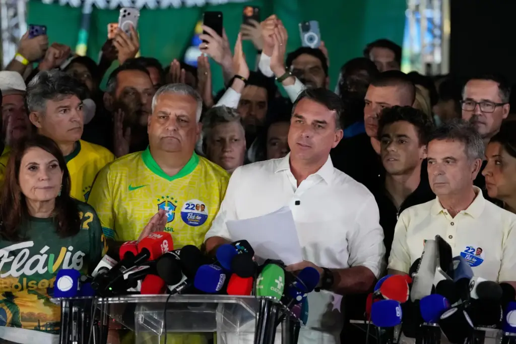 FILE – Opposition presidential candidate Sen. Flavio Bolsonaro speaks after...