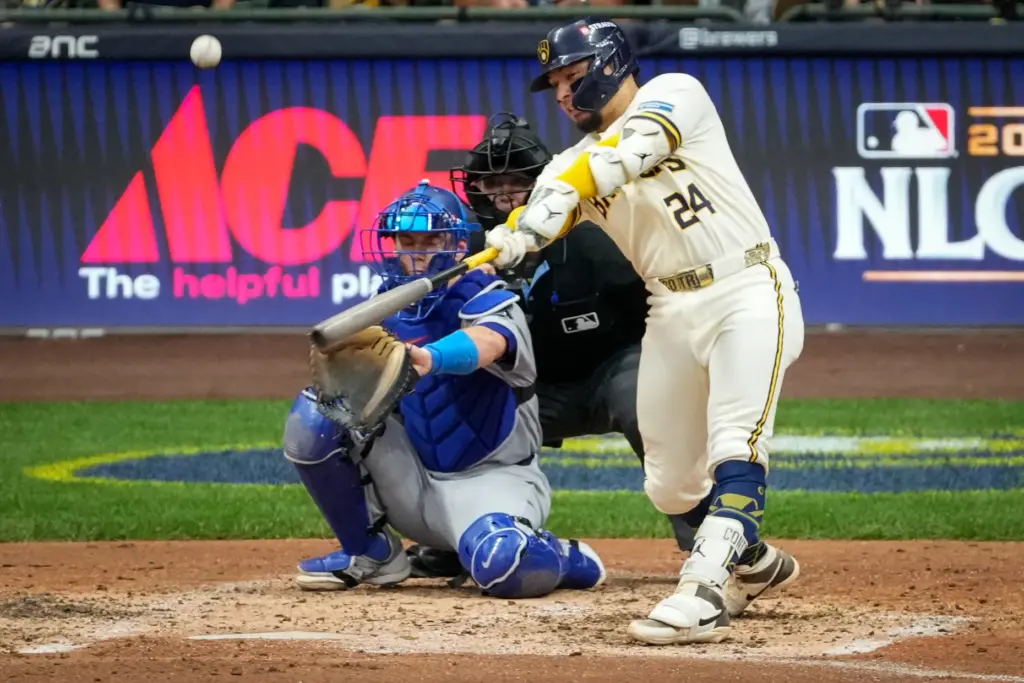 The Milwaukee Brewers’ William Contreras hits a game-tying solo home...