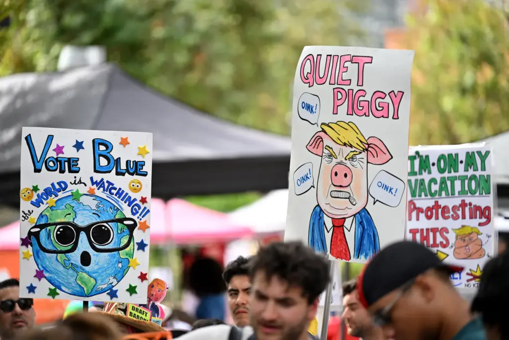 No Kings protesters rally and march in downtown Los Angeles...