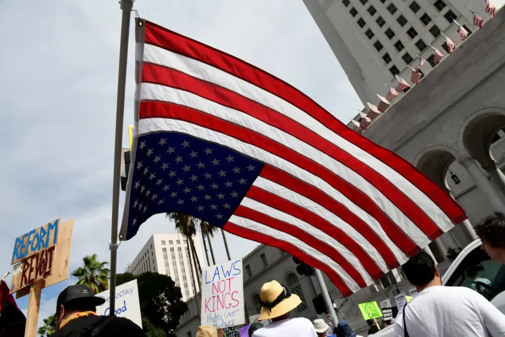 No Kings protesters rally and march in downtown Los Angeles...