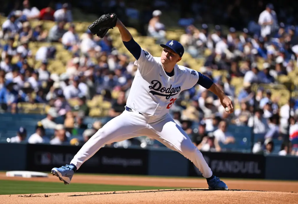 Dodgers starting pitcher Tarik Skubal throws to the plate during...