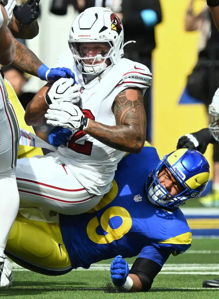Rams defensive tackle Aaron Donald (99) stops Arizona Cardinals running...