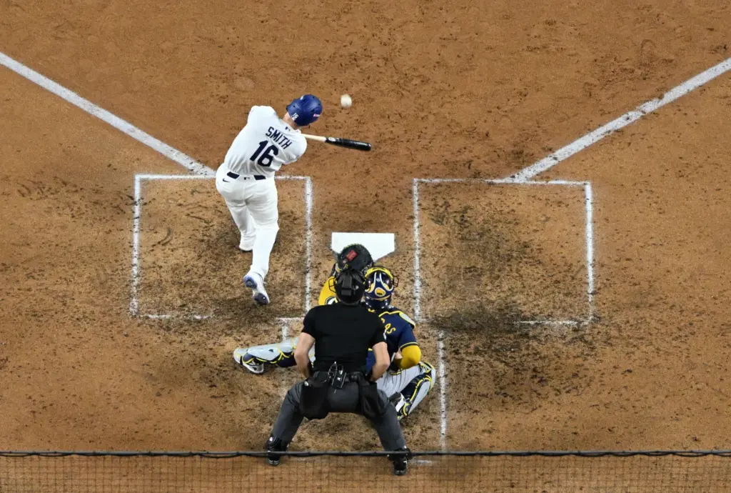 The Dodgers’ Will Smith connects for a two-run double to...