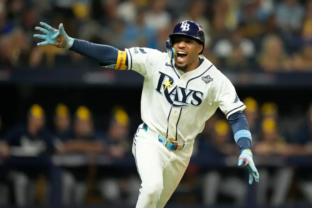 The Tampa Bay Rays’ Chandler Simpson celebrates a hit during...