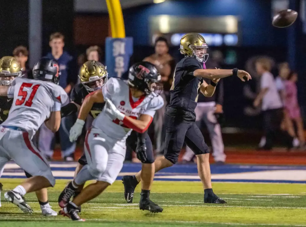 San Juan Hills quarterback Parker Armstrong (18) throws the ball...