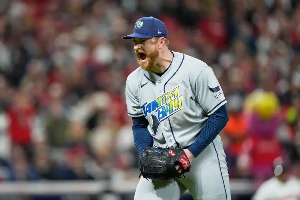 Tampa Bay Rays pitcher Drew Rasmussen celebrates the end of...